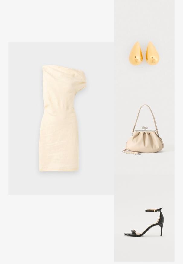 Crèmekleurige jurk met één schouder, een aansluitend ontwerp, een gerimpelde textuur en een asymmetrische halslijn. Glad materiaal zonder zichtbare patronen of accenten.; Zwarte leren hoge hak sandaal met enkelbandje. Heeft een gladde textuur, open teen en een dunne hak. Gouden gesp detail.; Beige zachte leren handtas met een zilveren metalen frame sluiting, een enkele schouderriem en een optionele kettingriem op een witte achtergrond.; Gouden druppelvormige oorbellen met een gladde, gepolijste oppervlakte en ronde onderkanten, die het licht weerkaatsen met een glanzende afwerking.