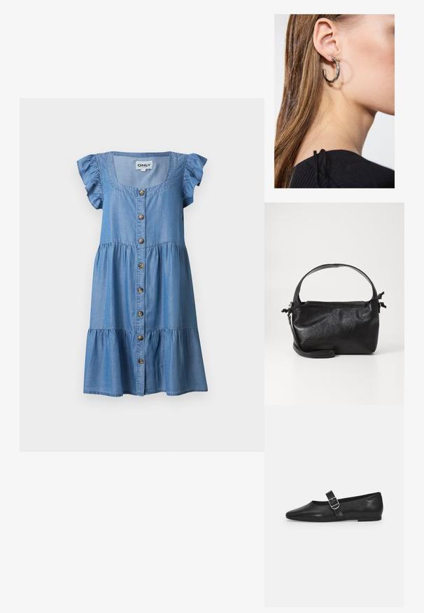 Φόρεμα από ανοιχτό μπλε τζιν με κοντά μανίκια με βολάν, τετράγωνη λαιμόκοψη, κουμπιά μπροστά και φαρδιά φούστα από το brand ONLY.; Μαύρο δερμάτινο φλατ παπούτσι με στρογγυλή μύτη, μία ρυθμιζόμενη αγκράφα και λεία, γυαλιστερή υφή. Μινιμαλιστικός σχεδιασμός με χαμηλό τακούνι.; Μαύρη δερμάτινη τσάντα με δομικό σχέδιο, στρογγυλή λαβή από πάνω και αποσπώμενο λουρί ώμου. Διαθέτει λεία υφή και διακριτική γυαλάδα.; Ασημένιο σκουλαρίκι κρίκος με γυαλιστερή φινίρισμα, που διαθέτει μικρές χρυσές λεπτομέρειες και στρογγυλό σχήμα, φορεμένο στον λοβό.