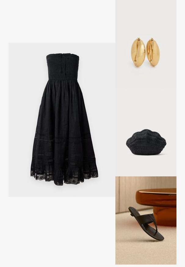 Zwarte strapless jurk met een gesmokte bodice, vloeiende, gelaagde rok en kantaccenten aan de zoom. Gemaakt van lichtgewicht stof met een gestructureerde afwerking.; Zwarte leren teenslipper met lage hak die zweeft boven een beige tapijt bij een ronde bruine tafel in een minimalistische binnenruimte.; Zwarte gevlochten handtas in de vorm van een sint-jakobsschelp met een gebogen bovenkant en een geweven textuur op een effen achtergrond.; Een paar gepolijste oorbellen van goudkleurig metaal met een dik, licht ovaal, robuust ontwerp en scharnierklemmen op een witte achtergrond.