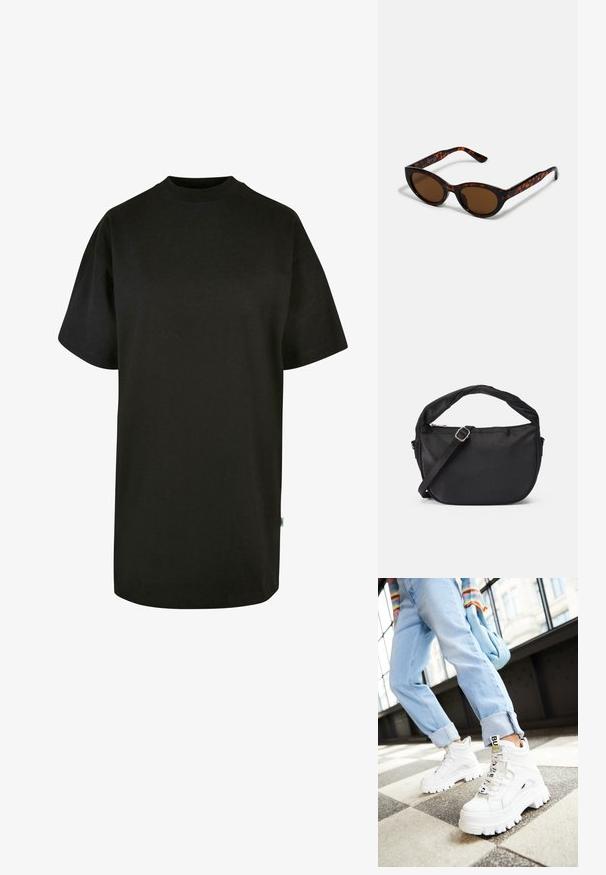 Sort bomulds T-shirt med rund halsudskæring og korte ærmer. Løs pasform, ensfarvet design og ingen synlige mønstre eller accenter.; Hvide klodsede sneakers med tykke såler, snørebånd foran og mærkeflag. Båret med lyseblå jeans med opsmøg på et mønstret gulv.; Brune skildpadde solbriller med en vintage katteøje-form og brune linser. Har buede arme med røde detaljer.; Sort stof skuldertaske med et snoet håndtag, en aftagelig rem og en lynlåslukning i toppen. Glat tekstur og minimalistisk design.