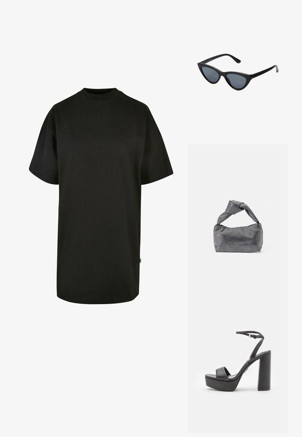 Sort bomulds T-shirt med rund halsudskæring og korte ærmer. Løs pasform, ensfarvet design og ingen synlige mønstre eller accenter.; Sorte platform højhælede sandaler med åben tå, bred forreste rem og justerbar ankelrem. Glat læderfinish og chunky blokhæle.; Sorte katteøje solbriller med mørkegrå linser, slankt plastisk stel, spidse hjørner og lige stænger. Ingen synlig hardware eller dekorationer.; Sorte og sølv håndtaske med en tekstureret overflade, der har et diamantmønster, en knyttet håndtag og en struktureret form.