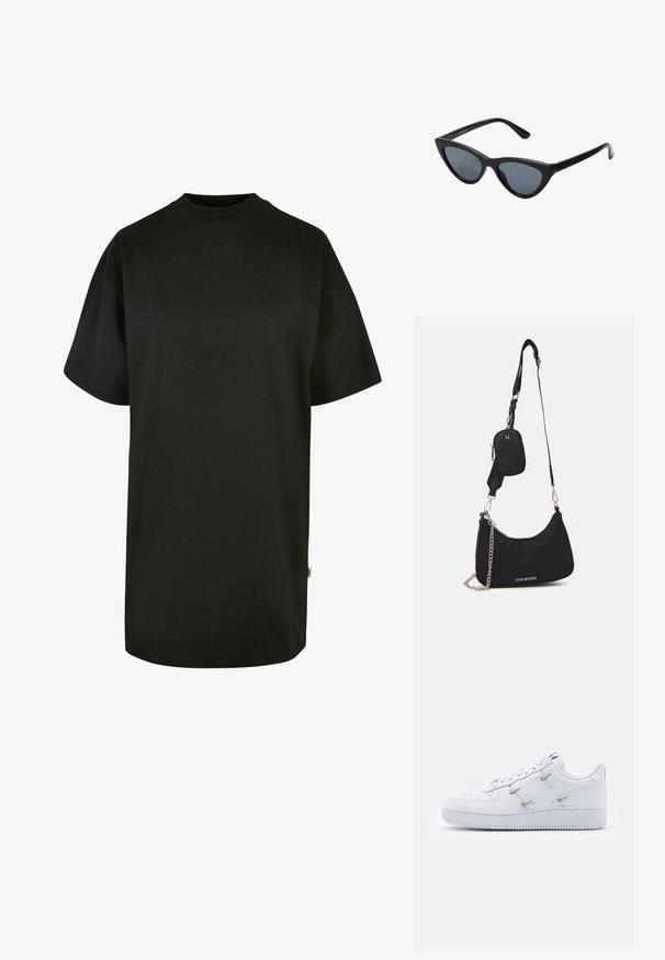 Sort bomulds T-shirt med rund halsudskæring og korte ærmer. Løs pasform, ensfarvet design og ingen synlige mønstre eller accenter.; Nike Sportswear AIR FORCE 1 - Sneakers - white/hyper royal/black; Sorte katteøje solbriller med mørkegrå linser, slankt plastisk stel, spidse hjørner og lige stænger. Ingen synlig hardware eller dekorationer.; Sort nylon skuldertaske med en buet form, sølvfarvet kædeaccent, aftagelig mini-pung og justerbar rem; prydet med "Steve Madden" logo.