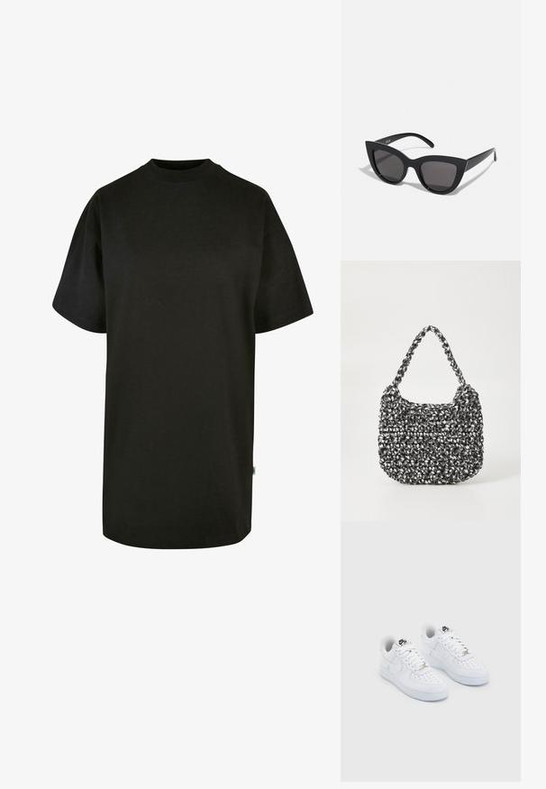 Sort bomulds T-shirt med rund halsudskæring og korte ærmer. Løs pasform, ensfarvet design og ingen synlige mønstre eller accenter.; Hvide Nike Air Force 1 sneakers med en glat læderoverdel, perforeret tåboks, hvide snørebånd og sort branding på tungen.; Sorte cat-eye solbriller med mat finish, der har grå tonede linser, skarpe vinkler og slanke sidearme. Mærkenavnet er synligt på den indre arm.; Vævet håndtaske i sort og hvid med en rund form, tekstureret overflade og et fletet håndtag. Velegnet til afslappet brug.