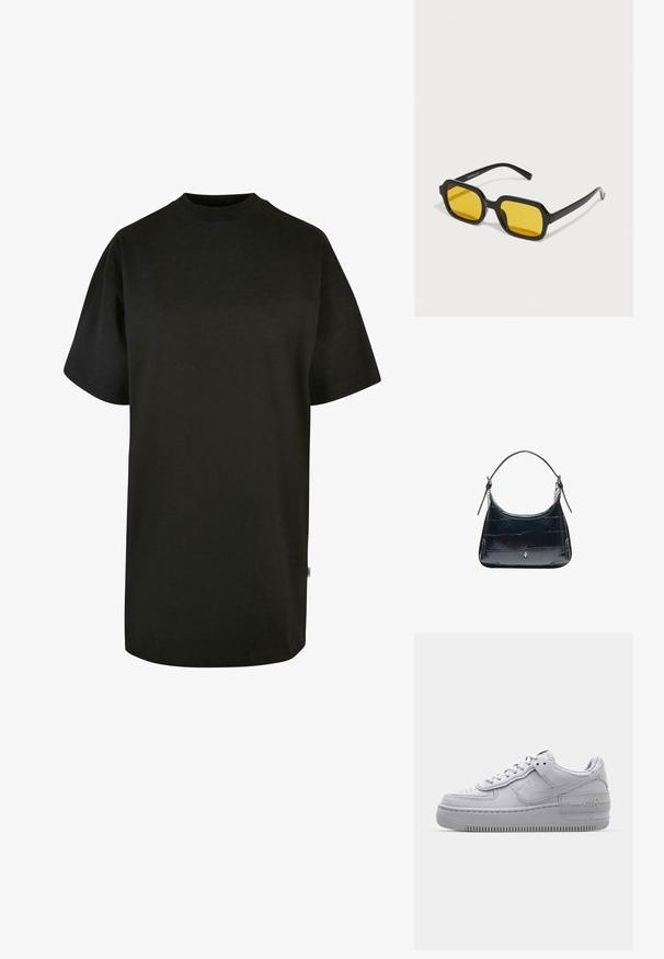 Sort bomulds T-shirt med rund halsudskæring og korte ærmer. Løs pasform, ensfarvet design og ingen synlige mønstre eller accenter.; Grå Nike Air Force 1 sneakers med perforeret tå, glat læderoverdel, tyk sål og præget 'AIR' detalje på hælen.; Sorte rektangulære solbriller med gule linser. Funktioner inkluderer tykke stel og kantet design med en glat, blank finish.; Sort læder skuldertaske med krokodilletekstur og sølvspænde, med justerbar strop med kædetaljer på hvid baggrund.
