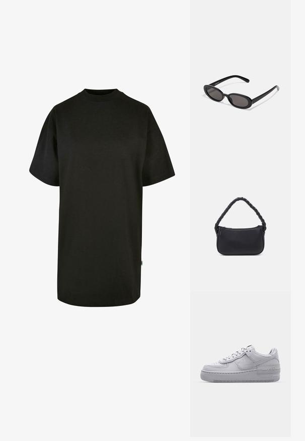 Sort bomulds T-shirt med rund halsudskæring og korte ærmer. Løs pasform, ensfarvet design og ingen synlige mønstre eller accenter.; Grå Nike Air Force 1 sneakers med perforeret tå, glat læderoverdel, tyk sål og præget 'AIR' detalje på hælen.; Even&Odd Solbriller - black; Sort håndtaske med en rund form, lavet af glat materiale. Har et flet håndtag og en lynlåslukning for sikker opbevaring.