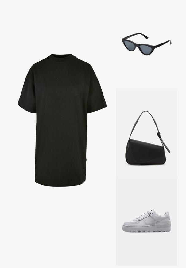 Sort bomulds T-shirt med rund halsudskæring og korte ærmer. Løs pasform, ensfarvet design og ingen synlige mønstre eller accenter.; Grå Nike Air Force 1 sneakers med perforeret tå, glat læderoverdel, tyk sål og præget 'AIR' detalje på hælen.; Sorte katteøje solbriller med mørkegrå linser, slankt plastisk stel, spidse hjørner og lige stænger. Ingen synlig hardware eller dekorationer.; Sort læderhåndtaske med en triangular form, skrå klap og et rundt håndtag. Har en glat overflade og minimalistiske design detaljer.