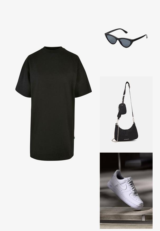 Sort bomulds T-shirt med rund halsudskæring og korte ærmer. Løs pasform, ensfarvet design og ingen synlige mønstre eller accenter.; Hvid Nike Air Force 1 sneaker svævende over en betonoverflade med skygger i et minimalistisk miljø.; Sorte katteøje solbriller med mørkegrå linser, slankt plastisk stel, spidse hjørner og lige stænger. Ingen synlig hardware eller dekorationer.; Sort nylon skuldertaske med en buet form, sølvfarvet kædeaccent, aftagelig mini-pung og justerbar rem; prydet med "Steve Madden" logo.