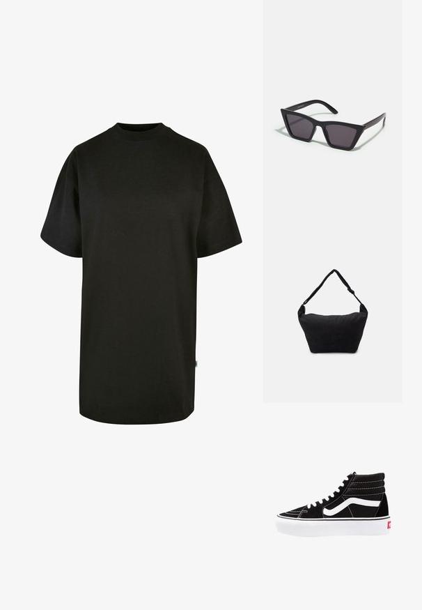Sort bomulds T-shirt med rund halsudskæring og korte ærmer. Løs pasform, ensfarvet design og ingen synlige mønstre eller accenter.; Sorte høj-top sneakers med hvide snørebånd, et hvidt logo og kontrasterende hvid syning. Har en tyk hvid sål og struktureret ruskindsoverdel.; Sorte, kantede solbriller med grå linser; lavet af plast, med tykke stænger med en glat overflade og ingen synlig hardware.; Sort stof skuldertaske med en blød tekstureret overflade, rund form og en enkelt rem. Minimalistisk design uden synligt hardware eller accenter.