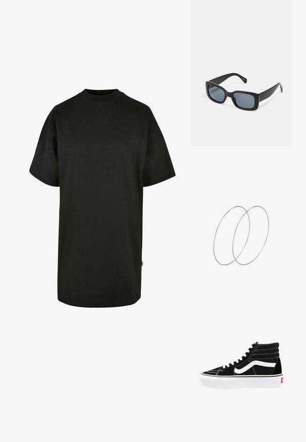 Sort bomulds T-shirt med rund halsudskæring og korte ærmer. Løs pasform, ensfarvet design og ingen synlige mønstre eller accenter.; Sorte høj-top sneakers med hvide snørebånd, et hvidt logo og kontrasterende hvid syning. Har en tyk hvid sål og struktureret ruskindsoverdel.; Sorte rektangulære solbriller med mørkt tonede linser, tyk plastramme og brede stænger. Glat overflade og kantet design.; Sølvøreringe med et minimalistisk design. Cirkulær form, glat tekstur og tynd profil. Letvægtige med en poleret overflade.