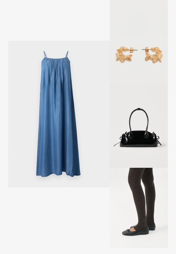 Robe maxi bleu sans manches avec fines bretelles, encolure froncée et tissu fluide et ample.; Jambes portant des leggings côtelés foncés associés à des ballerines noires avec de petits détails en nœud sur fond blanc.; Petit sac à main noir brillant avec deux longues anses et des détails à cordon sur les côtés sur un fond clair uni.; Boucles d'oreilles dorées avec une forme abstraite et organique, présentant une surface texturée et une fermeture à poussette.