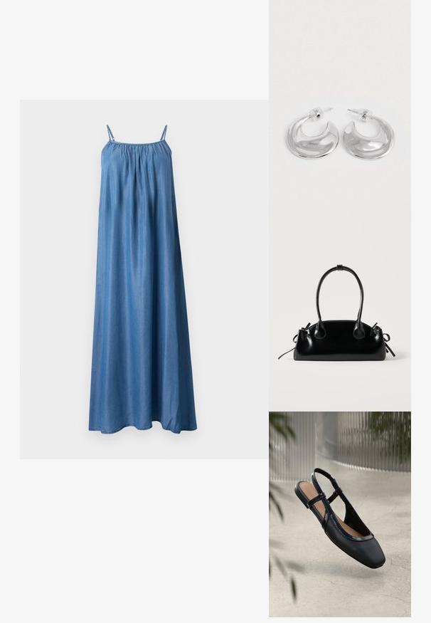 Robe maxi bleu sans manches avec fines bretelles, encolure froncée et tissu fluide et ample.; Chaussure plate slingback en cuir noir avec un orteil carré, dotée d'un fini verni brillant et de sangles ajustables pour un maintien sécurisé.; Petit sac à main noir brillant avec deux longues anses et des détails à cordon sur les côtés sur un fond clair uni.; Une paire de boucles d'oreilles en croissant argenté poli avec des supports en plastique transparent sur une surface blanche.