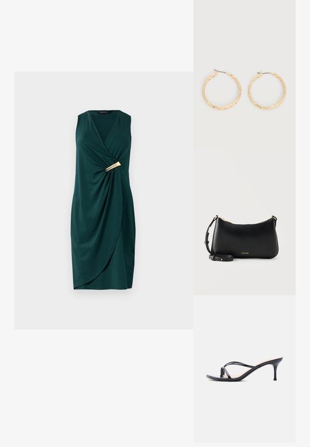 Vestido verde sin mangas con diseño cruzado y tela drapeada. Presenta un detalle dorado en la cintura. Textura suave.; Sandalia de tacón de charol negro con tiras finas cruzadas y un tacón de aguja delgado de altura media, sobre un fondo blanco.; Bolso de hombro de cuero negro Calvin Klein con cremallera dorada y correa ajustable sobre fondo claro y liso.; Par de pendientes de aro con textura en tono dorado y postes delgados sobre un fondo blanco.