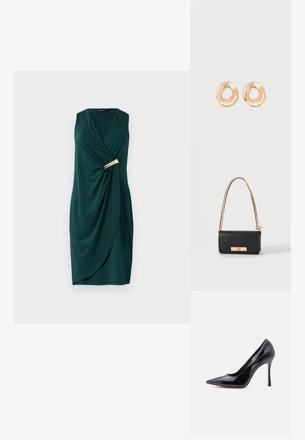 Vestido verde sin mangas con diseño cruzado y tela drapeada. Presenta un detalle dorado en la cintura. Textura suave.; Zapato de salón negro de tacón alto con punta puntiaguda, acabado en charol brillante y diseño recortado en los laterales, con un elegante tacón de aguja.; Bolso de mano rectangular de cuero negro con cadena dorada y cierre rectangular dorado en la parte delantera.; Par de pendientes de aro de metal en tono dorado pulido, de forma irregular y con centro abierto, sobre un fondo blanco liso.
