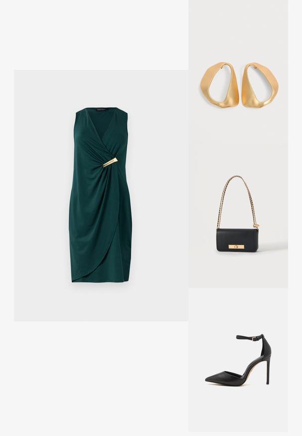 Grøn, ærmeløs kjole med indviklet design og draperet stof. Har et guldaccent ved taljen. Glat tekstur.; Sorte læder højhælede pumps med spids tå og ankelrem. Har en stiletto hæl og en glat tekstur. Enkel design med guldt hardware.; Sort rektangulær lædertaske med gyldent kæderem og gyldent rektangulært lås foran.; Par af uregelmæssige, asymmetriske gyldne hoop-øreringe med en glat, mat finish på en neutral baggrund.