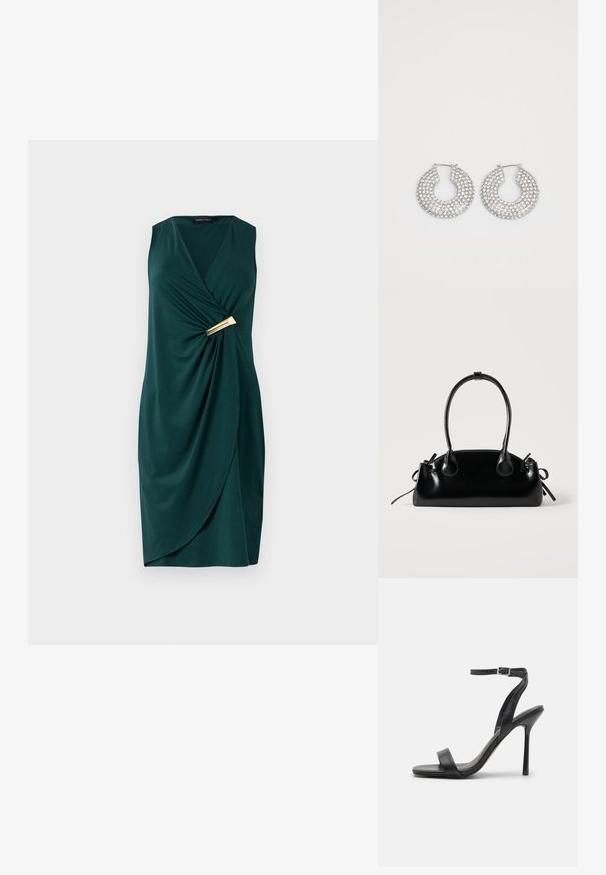Vestido verde sin mangas con diseño cruzado y tela drapeada. Presenta un detalle dorado en la cintura. Textura suave.; Sandalia negra de tacón alto con una correa delgada en el tobillo y dos bandas en la parte frontal. Hecha de cuero suave con una punta afilada y tacón de aguja.; Pequeño bolso negro brillante con dos asas largas y detalles de cordón lateral sobre un fondo claro liso.; Aros de plata en forma de aro adornados con múltiples embellishments de cristal transparente, con una superficie texturizada y un diseño circular abierto.