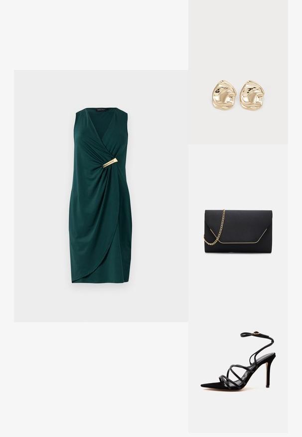 Vestido verde sin mangas con diseño cruzado y tela drapeada. Presenta un detalle dorado en la cintura. Textura suave.; Sandalia negra de tacón alto con puntera punta, tiras finas cruzadas y una correa en el tobillo con hebilla dorada sobre un fondo claro y liso.; Bolso de mano negro con una textura suave, que presenta una cadena dorada y un cierre de solapa geométrica delineado en dorado.; Pendientes de stud en tono dorado, con un diseño irregular y suave, que presenta una superficie reflectante y bordes ondulados. Sin adornos adicionales.