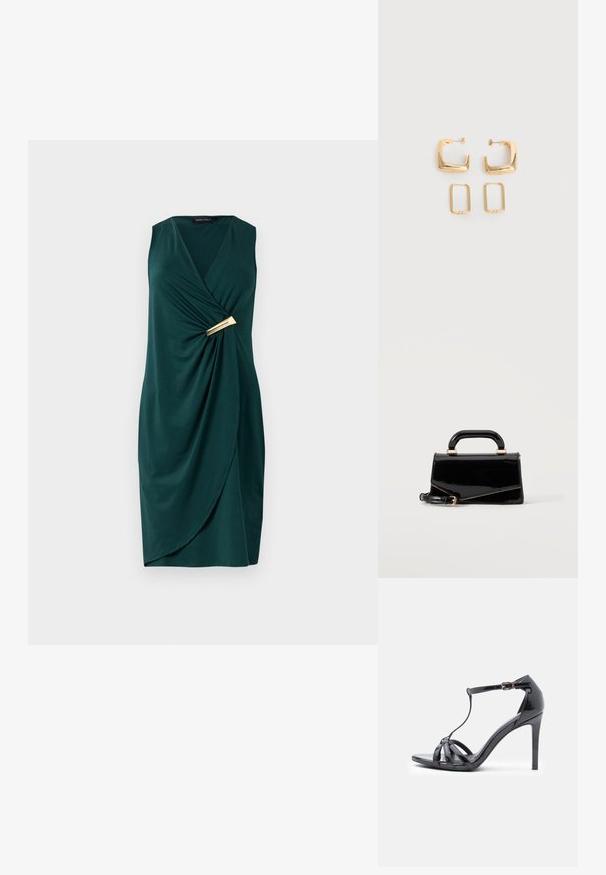 Groene, mouwloze jurk met een wikkelontwerp en gedrapeerde stof. Bevat een gouden accent bij de taille. Glad textuur.; Zwarte lakleren hoge hak sandaal met dunne banden, T-bar ontwerp, gesp sluiting en een elegante, gebogen silhouet.; Zwarte glanzende rechthoekige handtas met bovenhandvat, gouden hardware en afneembare riem, geplaatst op een effen lichte achtergrond.; Twee paar gouden geometrische creolen op een effen witte ondergrond, een paar vierkant en massief, een paar rechthoekig en hol.