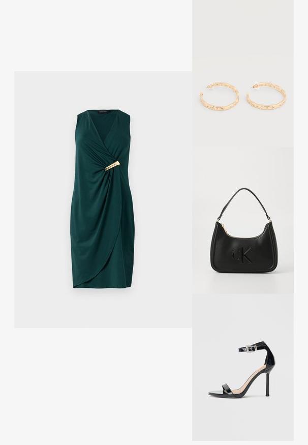 Robe verte sans manches avec un design enveloppant et un tissu drapé. Présente un accent doré à la taille. Texture lisse.; Sandale à talon haut en cuir verni noir avec bride à la cheville. Présente un design minimaliste, un bout ouvert et une boucle ornée de strass.; Sac à main en cuir noir avec une forme courbée, doté d'une fermeture éclair dorée et d'un logo "cK" discret en relief. Texture lisse et une seule poignée.; Boucles d'oreilles créoles ton or avec un design ondulé irrégulier et des accents de cristaux clairs incrustés, fixées par des clous à dos en plastique.