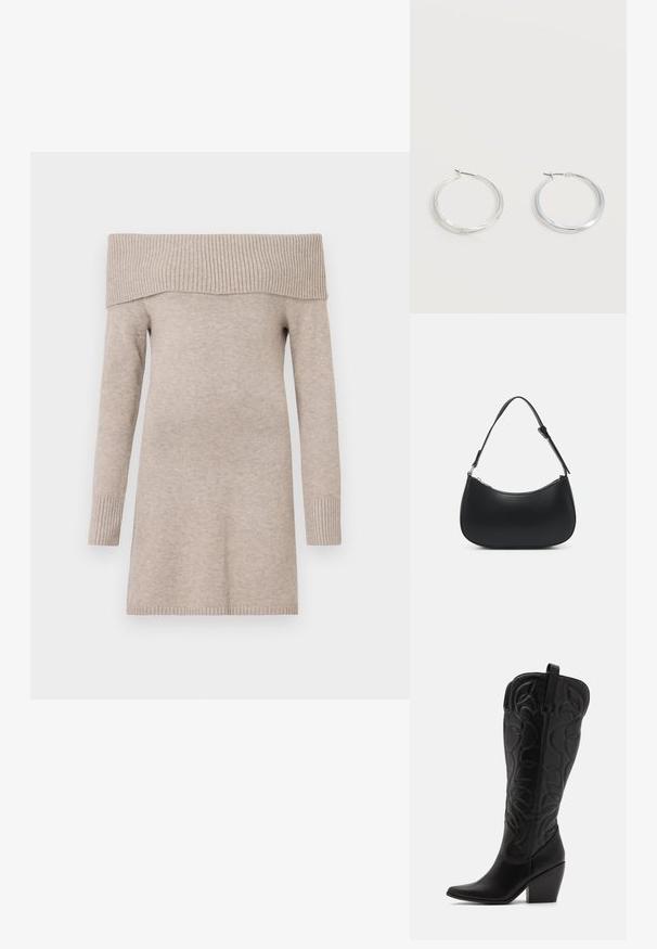 Beige off-shoulder sweater, strikket tekstur, lange ærmer, ribbet halsudskæring og manchetter, midt-lår længde, glat stoffsammensætning.; Sorte knæhøje støvler i læder med spids snude og lagdelt hæl. Har dekorative syninger og buede designelementer.; Pieces PCALUANA SHOULDER BAG - Håndtasker - black; Sølvfarvede metaloorringe med glat, let buet overflade og låsemekanisme på en ensfarvet hvid baggrund.
