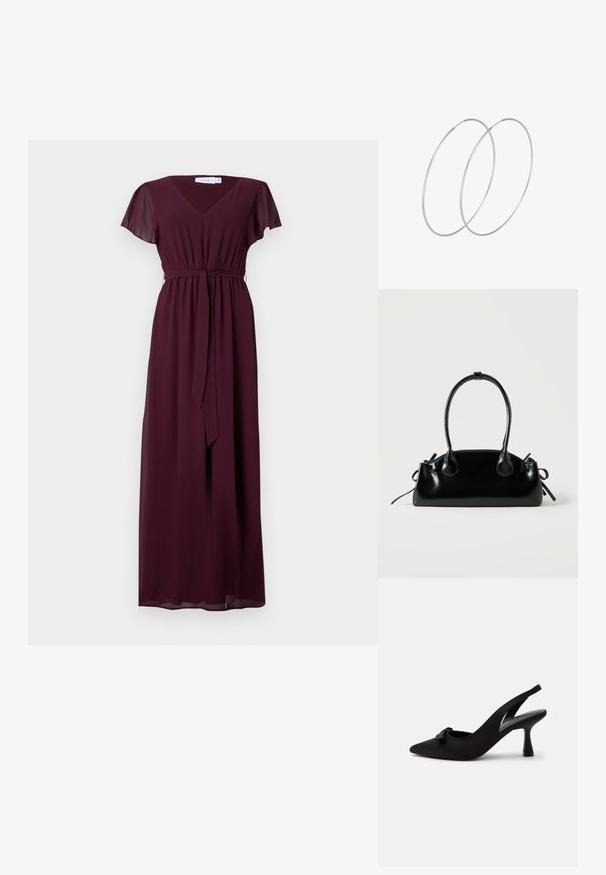 Langes, burgunderfarbenes Kleid mit V-Ausschnitt, kurzen, flatternden Ärmeln und einem verstellbaren Gürtel in der Taille; aus fließendem, leichtem Stoff gefertigt.; Schwarzer Slingback-Pumps mit spitzer Kappe, kleinem Schleifendetail vorne und schmalem Absatz, vor weißem Hintergrund gezeigt.; Kleine schwarze glänzende Handtasche mit zwei langen Griffen und seitlichen Kordelzug-Details vor einfachem hellem Hintergrund.; Silberne Creolen mit minimalistischem Design. Rundform, glatte Oberfläche und dünnes Profil. Leichtgewichtig mit hochglänzender Oberfläche.
