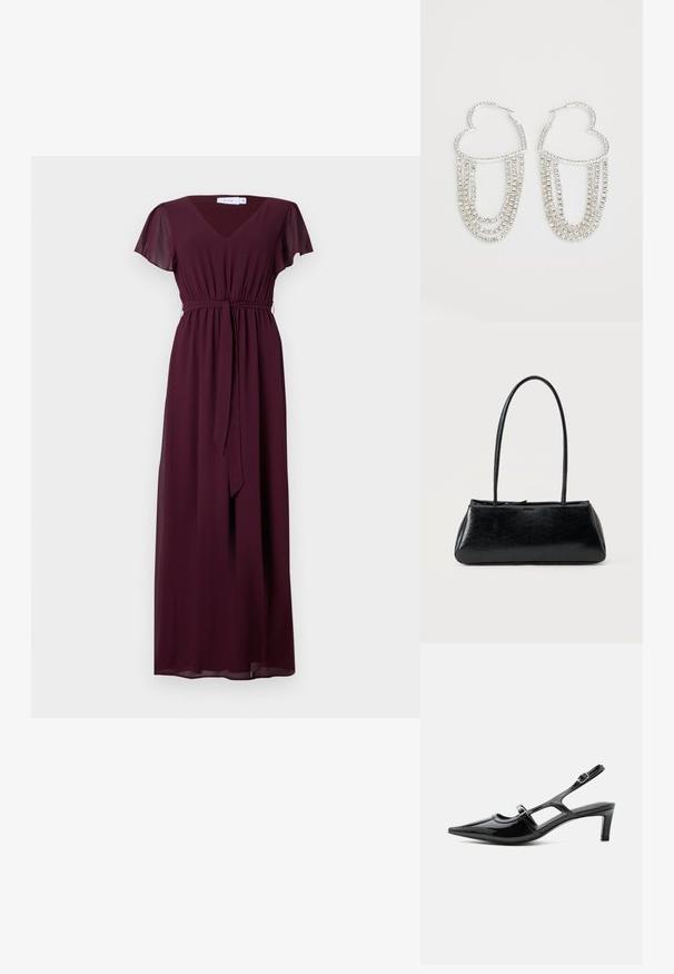Langes, burgunderfarbenes Kleid mit V-Ausschnitt, kurzen, flatternden Ärmeln und einem verstellbaren Gürtel in der Taille; aus fließendem, leichtem Stoff gefertigt.; Schwarzer Slingback-Schuh aus Lackleder mit spitzer Kappe, niedrigem Absatz und zwei verstellbaren Schnallenriemen, seitlich dargestellt.; Schwarze rechteckige Schultertasche mit langen dünnen Trägern und einer glatten, glänzenden Textur auf einfarbigem Hintergrund.; Silberne Creolen in Herzform, verziert mit herabhängenden Strängen aus klaren Strasssteinen für zusätzlichen Glanz und Textur.