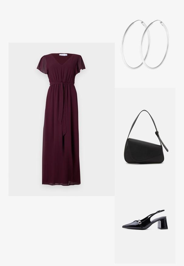 Langes, burgunderfarbenes Kleid mit V-Ausschnitt, kurzen, flatternden Ärmeln und einem verstellbaren Gürtel in der Taille; aus fließendem, leichtem Stoff gefertigt.; Schwarzer Slingback-Absatz aus Lackleder mit spitzer Zehenpartie, niedrigem Blockabsatz und zwei kleinen silbernen Schnallen an den Riemen.; Schwarze Lederhandtasche mit dreieckiger Form, schrägem Klappdeckel und rundem Oberhandgriff. Verfügt über eine glatte Textur und minimalistische Designdetails.; Silberfarbene Creolen mit einer glatten, runden Form und einer polierten Oberfläche. Beide Ohrringe haben die gleiche Größe und verfügen über einen sicheren Verschlussmechanismus.