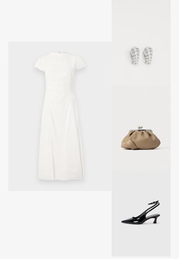 Robe midi blanche à manches courtes avec un col montant et une taille cintrée, présentant une fente avant subtile sur un fond uni.; Escarpins à brides arrière en cuir verni noir, à bout pointu, avec un petit talon carré et une sangle de cheville ajustable dotée d'une boucle dorée.; Sac à main en cuir fauve avec un design froncé et une fermeture à clip argentée. Doté d'une sangle fine et plate et d'une texture lisse.; Boucles d'oreilles en clip argentées avec un design en spirale, présentant une texture métallique lisse et des formes arrondies. Pas d'embellissements ou de motifs visibles.