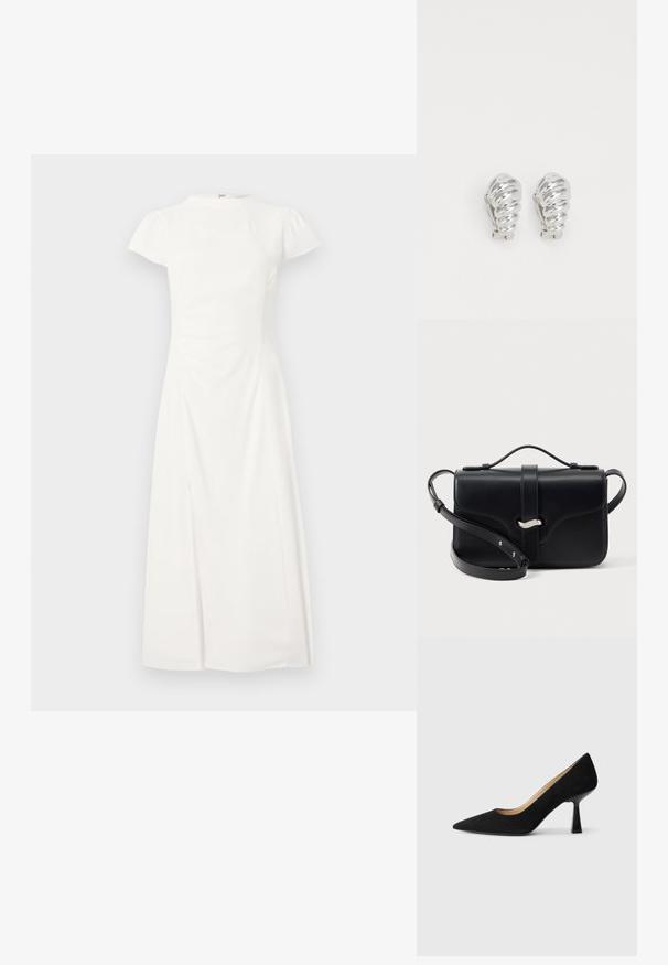 Robe midi blanche à manches courtes avec un col montant et une taille cintrée, présentant une fente avant subtile sur un fond uni.; Pompe à talons hauts en suède noir avec un bout pointu, dotée d'un talon bloc noir brillant et d'une doublure intérieure lisse.; Sac bandoulière en cuir noir avec poignée supérieure, fermeture argentée et bandoulière ajustable sur fond blanc.; Boucles d'oreilles en clip argentées avec un design en spirale, présentant une texture métallique lisse et des formes arrondies. Pas d'embellissements ou de motifs visibles.