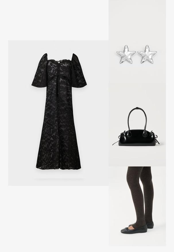 Zwarte jurk met korte, bolle mouwen, voorzien van een bloemenkantpatroon. Knopsluiting aan de voorkant, vloeiende silhouet en een zoom tot de knie.; Benen met donkere geribbelde leggings gecombineerd met zwarte ballerina's met kleine strikdetails op een witte achtergrond.; Kleine zwarte glanzende handtas met twee lange hengsels en zijkant trekkoord details op een effen lichte achtergrond.; Zilveren stervormige oorbellen met een gepolijste, glanzende afwerking. Elke oorbel heeft vijf punten en subtiele textuurdetails op het oppervlak.