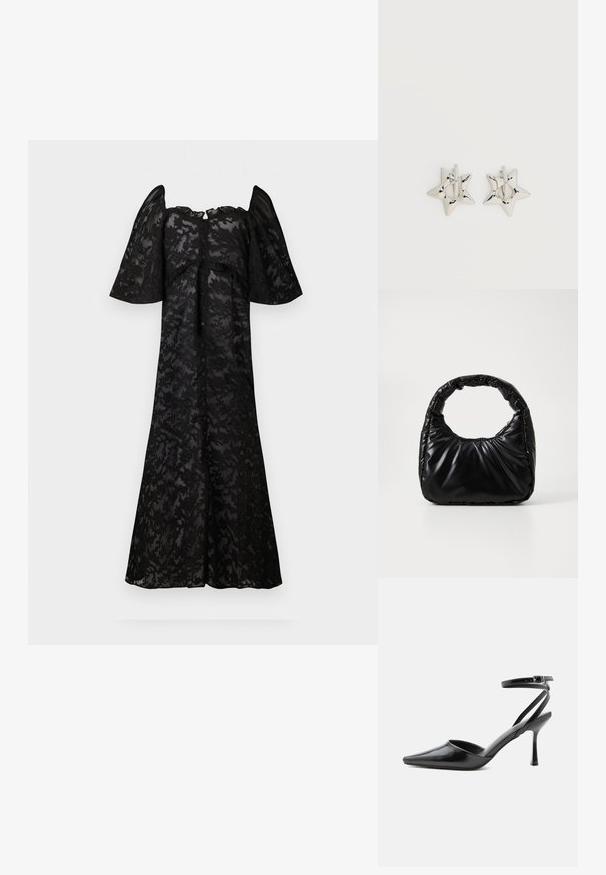 Zwarte jurk met korte, bolle mouwen, voorzien van een bloemenkantpatroon. Knopsluiting aan de voorkant, vloeiende silhouet en een zoom tot de knie.; Zwarte pumps met puntige neus, dunne enkelbandjes en een zilveren gesp op een effen lichte achtergrond.; Zwarte gevoerde handtas met een ronde handgreep, met een gladde, glanzende oppervlakte en een zachte, gewatteerde textuur. Geen zichtbare metalen onderdelen of accenten.; Zilverkleurige stervormige oorringen met een gladde, gepolijste afwerking op een effen witte achtergrond.