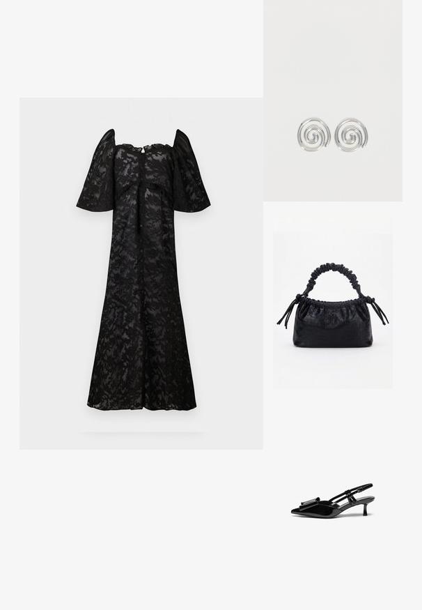 Robe noire avec des manches courtes et bouffantes, ornée d'un motif de dentelle florale. Boutonnage sur le devant, silhouette fluide et ourlet au genou.; Talons aiguilles en cuir verni noir avec un bout pointu, un détail en nœud à l'avant et un petit talon stiletto. Les brides sont équipées de boucles ajustables.; Sac à main noir avec texture crocodile, bord supérieur froncé, poignée plissée et pompons à cordon de chaque côté sur fond blanc.; Paire de boucles d'oreilles en forme d'anneau spirale en argent avec un design lisse et arrondi sur fond blanc uni.