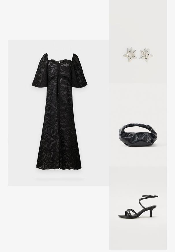 Robe noire avec des manches courtes et bouffantes, ornée d'un motif de dentelle florale. Boutonnage sur le devant, silhouette fluide et ourlet au genou.; Even&Odd Wide Fit by Zalando Sandales - black; Sac noir en matériau texturé et brillant avec une poignée circulaire torsadée et une fermeture éclair. Présente un design doux et froissé.; Boucles d’oreilles créoles en forme d’étoile argentée avec une finition lisse et polie sur un fond blanc uni.