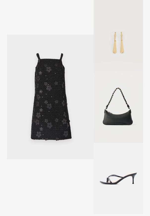 Vestido negro sin mangas con escote cuadrado, tela texturizada, adornado con aplicaciones de flores negras y lentejuelas en todo el diseño.; Sandalia de tacón de charol negro con tiras finas cruzadas y un tacón de aguja delgado de altura media, sobre un fondo blanco.; Bolso de hombro de cuero negro con forma rectangular curvada, cadena dorada entrelazada en una correa negra trenzada y cierre superior con cremallera.; Pendientes colgantes en tono dorado con colgantes alargados y suaves en forma de lágrima, colgando de cierres de aros pequeños sobre un fondo blanco.
