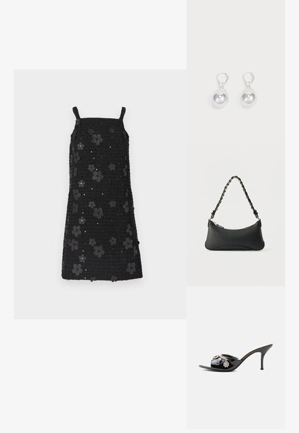 Schwarzes ärmelloses Kleid mit quadratischem Ausschnitt, strukturierter Stoff, verziert mit schwarzen Blumenapplikationen und Pailletten im gesamten Design.; Schwarzer Lackleder High-Heel Mule mit offenem Zehenbereich und dekorativen silbernen Anhängern, darunter eine Blume und ein Vorhängeschloss am vorderen Riemen.; Schwarze Lederschultertasche mit gewölbter rechteckiger Form, goldener Kette, die in den geflochtenen schwarzen Riemen eingewebt ist, und Reißverschlussverschluss oben.; Silberne Tropfenohrringe mit glatten, runden, reflektierenden Oberflächen, die an Hakenverschlüssen hängen. Der Hintergrund ist reinweiß.