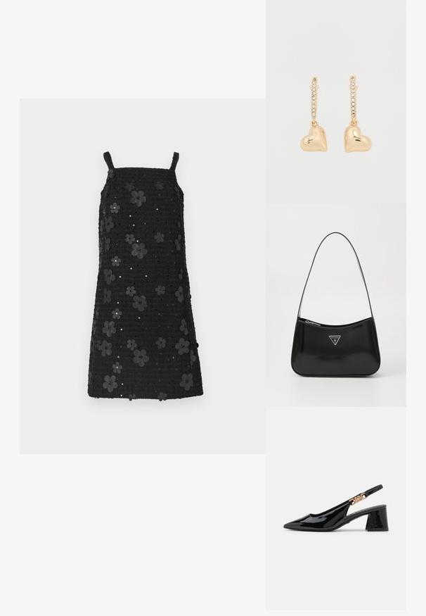 Schwarzes ärmelloses Kleid mit quadratischem Ausschnitt, strukturierter Stoff, verziert mit schwarzen Blumenapplikationen und Pailletten im gesamten Design.; Schwarze Lackleder Slingback-Pumps mit einer spitzen Zehe und goldfarbener Hardware am Riemen, ausgestattet mit einem Blockabsatz. Glatte Textur.; Schwarze patentierte Leder-Schultertasche mit geschwungener Form, ausgestattet mit einem silbernen Dreieckslogo und einem Reißverschluss. Glatte Textur und schmaler Riemen.; Goldene Ohrringe mit herzförmigen Anhängern, verziert mit einer Reihe kleiner Strasssteine am Bügel. Reflektierende, glatte Oberfläche.