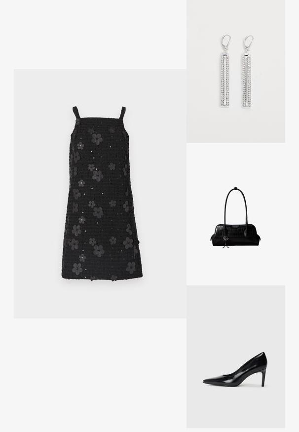 Vestido negro sin mangas con escote cuadrado, tela texturizada, adornado con aplicaciones de flores negras y lentejuelas en todo el diseño.; Zapato de tacón alto de cuero negro con punta afilada, textura suave y tacón en forma de cono. Diseño minimalista, sin adornos adicionales.; Bolso de hombro negro de cuero con textura de cocodrilo, con correas largas y un pequeño colgante de logo plateado en una correa.; Pendientes de plata con dos barras alargadas, cada una decorada con pequeños rhinestones claros en un patrón lineal. Cierre de presión.