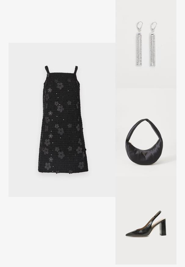 Sort ærmeløs kjole med firkantet udskæring, tekstureret stof, prydet med sorte blomsterapplikationer og palietter over hele designet.; Sort læder peep-toe slingback sko med høj blokhæl og beige indvendig foring mod en ensfarvet lys baggrund.; Sort satin håndtaske med en buet form, der har en lynlåslukning og et trekantet logo i metal på forsiden. Glat tekstur og slankt design.; Sølv øreringe med to forlængede stænger, hver sat med små, klare rhinsten i et lineært mønster. Lever-back lukning.