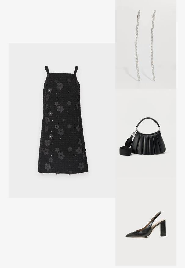 Sort ærmeløs kjole med firkantet udskæring, tekstureret stof, prydet med sorte blomsterapplikationer og palietter over hele designet.; Sort læder peep-toe slingback sko med høj blokhæl og beige indvendig foring mod en ensfarvet lys baggrund.; Sort læderhåndtaske med plissering, kort håndtag og aftagelig bred skulderrem i stof på hvid baggrund.; Sølvfarvede, aflange øreringe med buet design, der har en række klare krystaller langs de ydre kanter for ekstra glans.