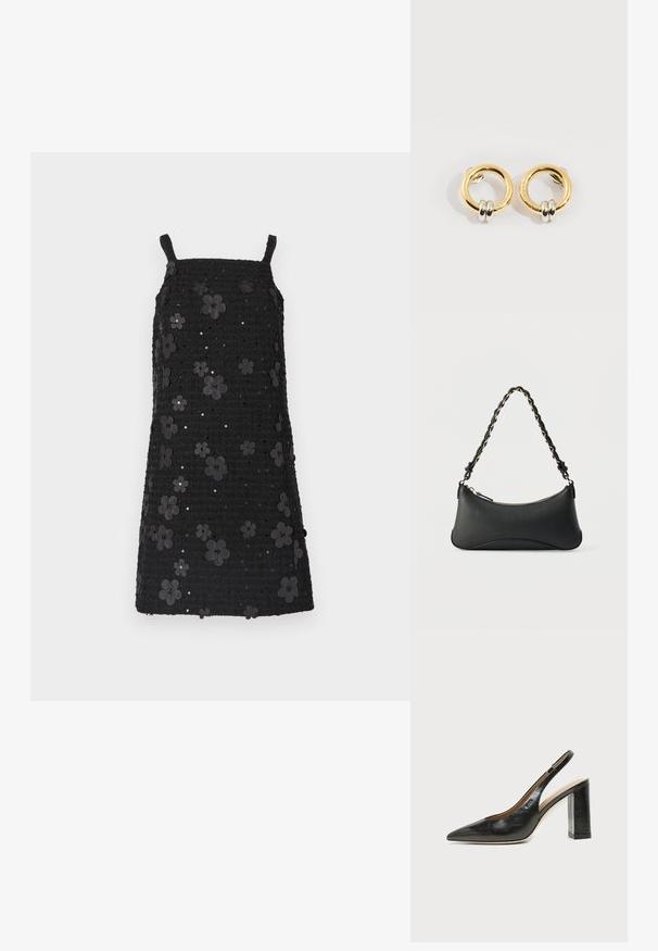 Vestido negro sin mangas con escote cuadrado, tela texturizada, adornado con aplicaciones de flores negras y lentejuelas en todo el diseño.; Zapato slingback de piel negra con puntera puntiaguda, tacón alto y ancho, y forro interior beige sobre un fondo claro y liso.; Bolso de hombro de cuero negro con forma rectangular curvada, cadena dorada entrelazada en una correa negra trenzada y cierre superior con cremallera.; Pendientes circulares de oro con dos pequeños anillos de plata en cada uno, que muestran detalles sutiles del nombre de la marca grabado, colocados sobre un fondo blanco.
