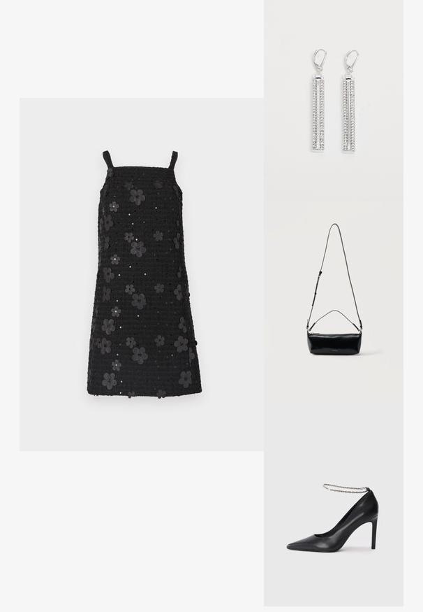 Vestido negro sin mangas con escote cuadrado, tela texturizada, adornado con aplicaciones de flores negras y lentejuelas en todo el diseño.; Zapato de tacón alto de cuero negro con puntera afilada, que presenta una delgada correa de tobillo de cadena plateada y una textura elegante y suave.; Bolso cruzado rectangular de cuero negro con correa de hombro ajustable, cremallera superior y pequeño logo dorado de Calvin Klein en el frente.; Pendientes de plata con dos barras alargadas, cada una decorada con pequeños rhinestones claros en un patrón lineal. Cierre de presión.