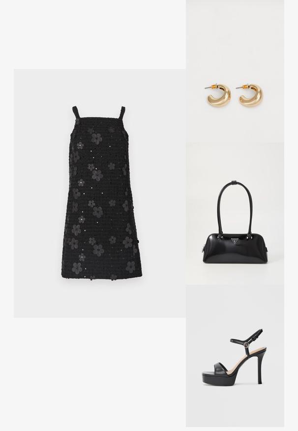 Sort ærmeløs kjole med firkantet udskæring, tekstureret stof, prydet med sorte blomsterapplikationer og palietter over hele designet.; Sorte platformsandaler med høj stiletthæl, der har en glat læderoverdel, peep toe-design og en justerbar ankelrem med metalbeslag.; Sort glanshandtaske med en buet silhuet, to håndtag og en frontlogo-plakette. Lynlås lukning og skinnende hardware-detaljer.; To skinnende guldøreringe i et buet design med orange accenter nær stikket, sat mod en enkel hvid baggrund.