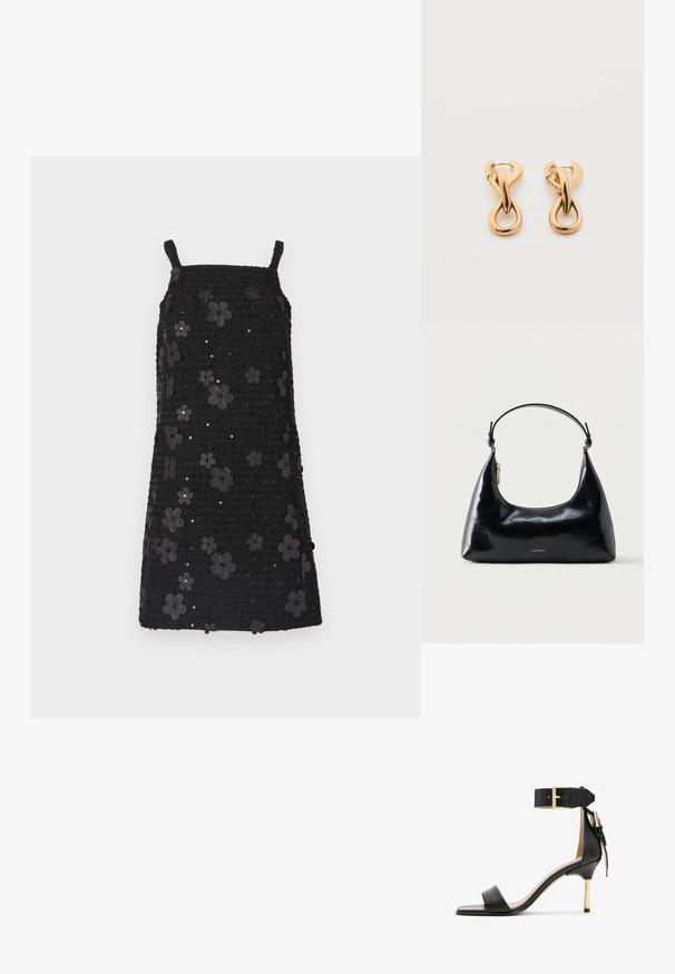 Vestido negro sin mangas con escote cuadrado, tela texturizada, adornado con aplicaciones de flores negras y lentejuelas en todo el diseño.; Sándal de tacón de cuero negro con punta cuadrada, correa en el tobillo con hebilla dorada y un tacón metálico esbelto. Textura suave, diseño minimalista.; Bolso negro brillante de Calvin Klein con cremallera dorada y correa corta sobre un fondo blanco liso.; Par de pendientes de aro con acabado dorado brillante sobre fondo blanco liso, con diseño entrelazado y torsionado.