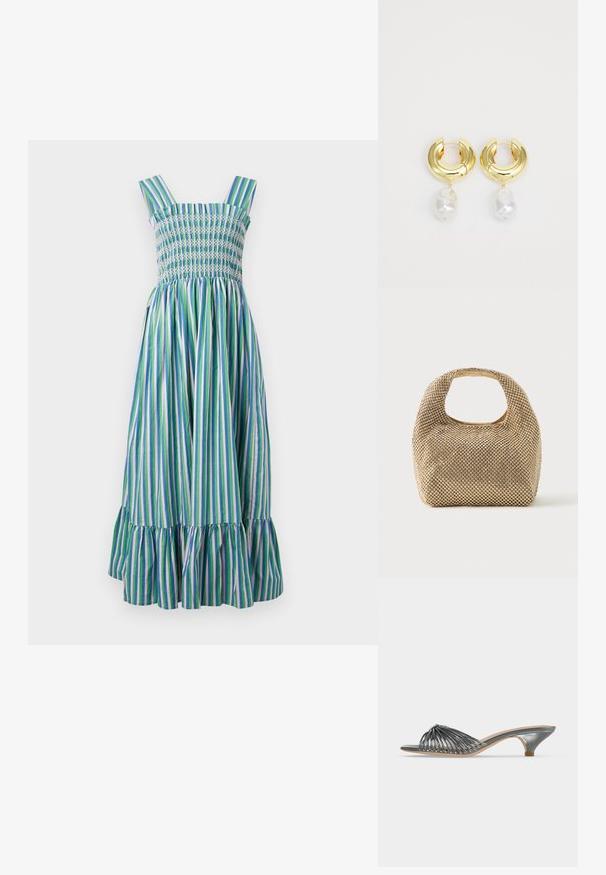 Vestido midi a rayas con corsé fruncido. Presenta rayas verticales en verde, azul y púrpura, tirantes gruesos y un dobladillo con volantes.; Mule plateado metálico con punta abierta, tacón bajo tipo kitten y múltiples tiras delgadas que forman un diseño trenzado sobre el pie.; Bolso pequeño de tono dorado cubierto de tachuelas redondas brillantes con un asa corta y un recorte rectangular en la parte superior.; Pendientes de aro en tono dorado con un acabado pulido, que presentan un acento de perla blanca irregular colgante. Diseño circular, textura suave.