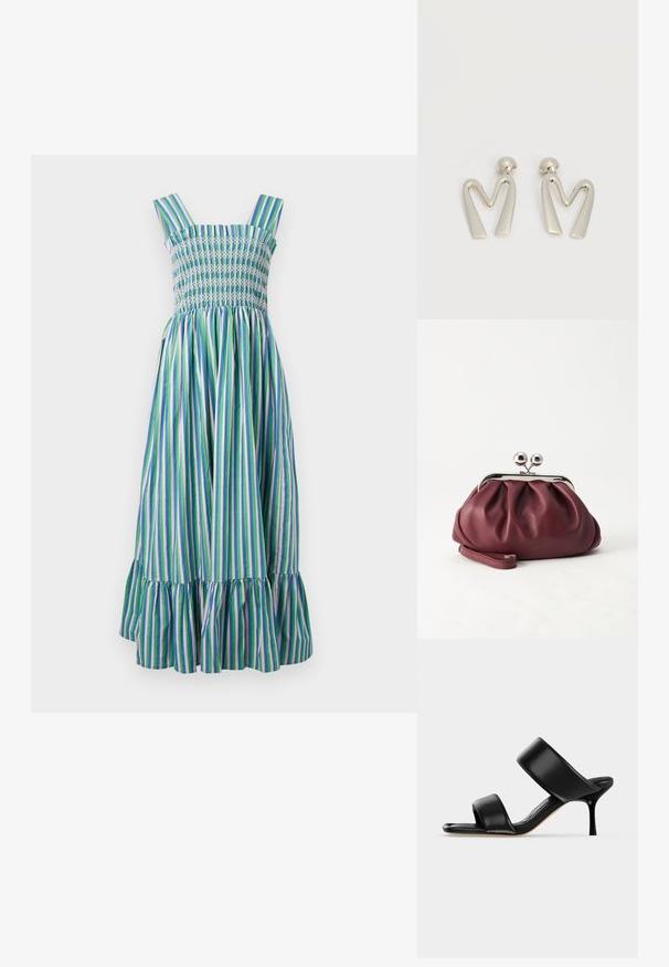 Gestreiftes Midikleid mit gerafftem Oberteil. Es hat grüne, blaue und lila vertikale Streifen, dicke Träger und einen gerüschten Saum.; Schwarze Leder-Mule-Sandale mit zwei breiten Riemen und einem schlanken, mittelhohen Stilettoabsatz auf einem schlichten hellen Hintergrund.; Kleine burgunderrote Lederclutch mit silbernem Metallverschluss und Handgelenksriemen auf weißem Hintergrund.; Paar silberfarbene Metallohrringe in Form des kantigen Buchstabens M mit abgerundeten Stegen auf weißem Hintergrund.