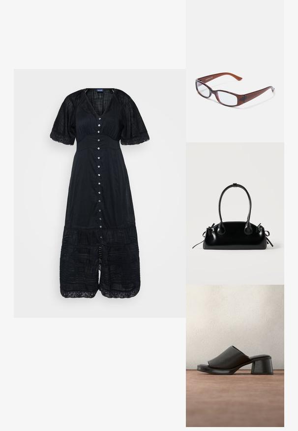 Vestido negro con escote en V, mangas cortas y cierre de botones en la parte frontal. Presenta un ribete de encaje y volantes en capas en el dobladillo. Tela ligera y texturizada.; Sandalia mule negra de punta abierta con tacón ancho y parte superior de cuero texturizado, suspendida sobre una superficie gris con un fondo oscuro desenfocado.; Gafas rectangulares con tintado marrón y acabado brillante, con varillas delgadas y lentes transparentes. Logo visible en la patilla izquierda.; Pequeño bolso negro brillante con dos asas largas y detalles de cordón lateral sobre un fondo claro liso.