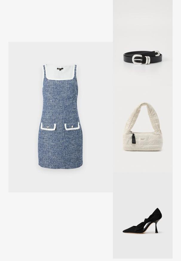 Robe en tweed bleu sans manches avec bordure blanche, encolure carrée et deux poches à rabat avant avec boutons.; Chaussure à talon aiguille en suede noir avec un bout pointu et un détail en nœud sur le côté. Présente un talon stiletto brillant et un design découpé.; Sac à main crème matelassé avec une poignée courbe, une fermeture éclair et une quincaillerie noire contrastante. Présente un logo embossé sur toute la surface.; Ceinture en cuir noir avec une boucle double ardillon en ton argenté. Texture lisse, forme plate, avec des trous pour l'ajustement et un design épuré.