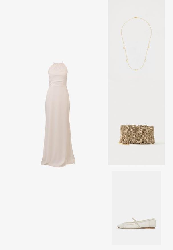 Langes, fließendes Kleid aus cremefarbenem Stoff mit Neckholder-Design und tailliertem Schnitt, sorgt für eine glatte Textur und elegante Silhouette.; Elfenbeinfarbener, spitz zulaufender flacher Schuh mit perlenbesetztem Riemen und niedrigem Holzabsatz, Seitenansicht vor hellem Hintergrund.; Kleine goldene Mesh-Clutch mit gerafftem Design und teilweise sichtbarem goldenen Kettengurt auf einfachem weißem Hintergrund.; Goldfarbene Halskette mit einer zarten Kette, die kleine herzförmige Akzente aufweist. Glatte Textur mit polierter Oberfläche. Verstellbare Länge.