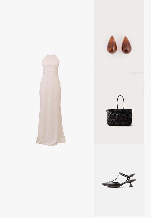 Langes, fließendes Kleid aus cremefarbenem Stoff mit Neckholder-Design und tailliertem Schnitt, sorgt für eine glatte Textur und elegante Silhouette.; Schwarzer Lacklederschuh mit niedrigem Absatz, spitzer Spitze, T-Riemen und verstellbarem Schnallenverschluss vor weißem Hintergrund.; Schwarze gewebte Ledertasche mit zwei abgerundeten Griffen, aufrecht stehend vor einem schlichten weißen Hintergrund.; Ein Paar glänzende braune, tröpfchenförmige Ohrringe mit dezent dunkleren Mustern auf einem weißen Hintergrund.
