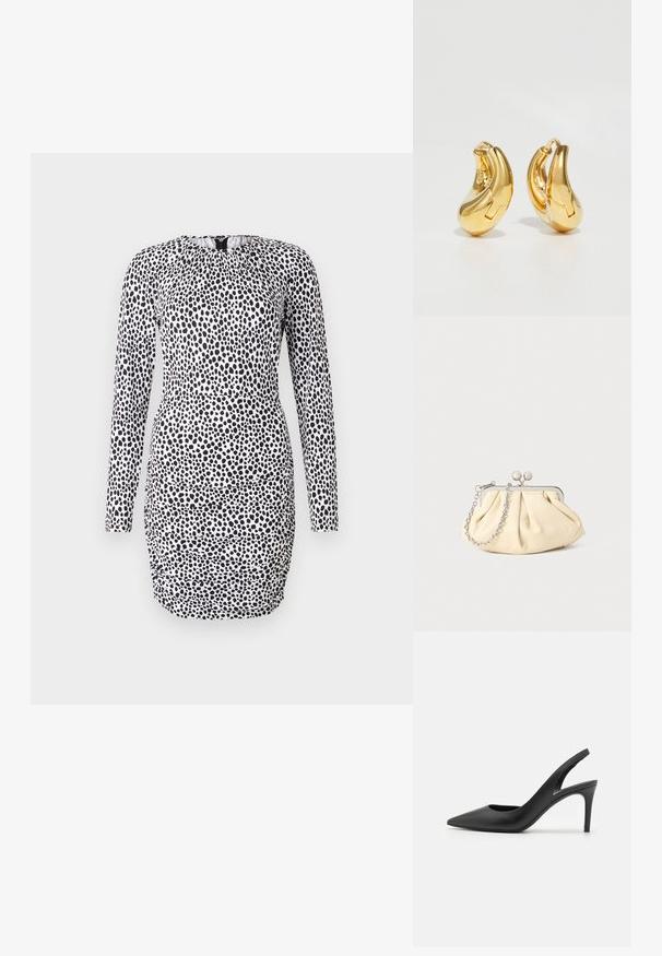 Langærmet kjole i et sort-hvidt prikket mønster, med en rynket halsudskæring og en tætsiddende silhuet med rynke-detaljer.; Sorte læder slingback høje hæle med spids tå-design, der har en udskæring fortil og en tynd stiletto-hæl.; Plisseret beige læderclutch med en sølvmetalramme, der har to runde dekorative låse og en sølvkædetrasporte.; Guldringeøreringe med en glat, buet form og poleret overflade. Udstyret med en lukkeanordning og lette fordybninger for detaljer.