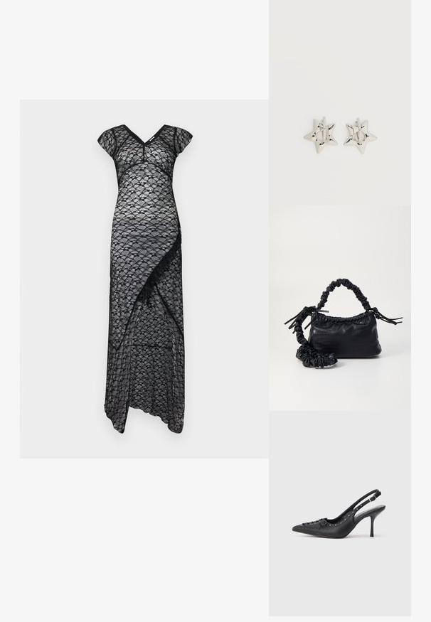 Maksimekko mustasta pitsistä, jossa on hihat, V-pääntie ja epäsymmetrinen helma. Koristelee kukkakuosi ja läpinäkyvä rakenne koko vaatteessa.; Musta nahkainen slingback-korkokenkä, jossa on teräväkärkinen muotoilu, sivun solkikiinnitys, niittejä reunoilla ja koristeellinen nyöri edessä.; Must-have mustekahvi nahkalaukku krokotiiliaistalla, kiristetty yläosa ja rypistetty hihna. Näyttää pehmeältä ja kompaktilta muotoilultaan.; Hopeiset tähti-aiheiset rengaskorvakorut, joissa on sileä, kiillotettu pinta, valkoisella taustalla.